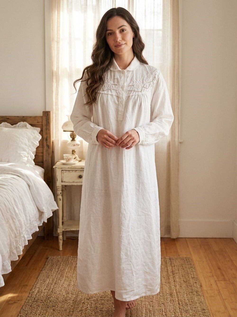 Rare Vintage Sz 52 (2X) Italian White Linen Maxi Nightgown Openwork Embroidered